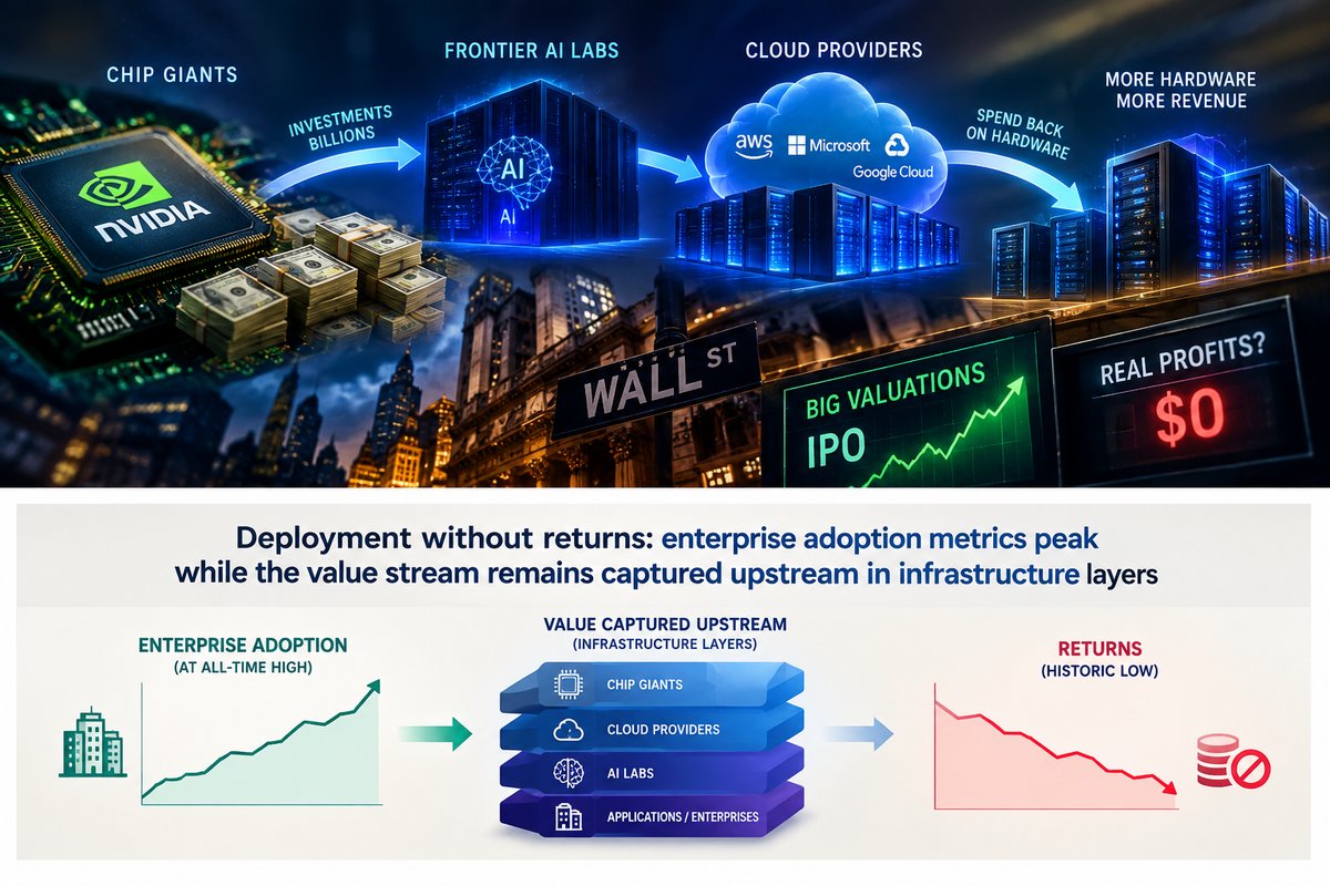 The widening chasm: infrastructure capex climbs while external enterprise revenue trails by an estimated $800B annually. The widening chasm: infrastructure capex climbs while external enterprise revenue trails by an estimated $800B annually.